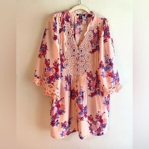 Roaman's Pink Floral Lace-Trim Tunic Blouse | 18W